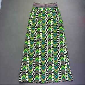 Tyche Green & Brown Pattern Long Maxi Skirt Embroidered Stretch Waist Women’s M